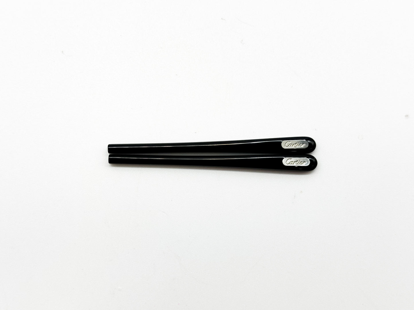 Cartier Eyeglass Temple Tips – Black Acetate with Silver Logo (Pair)