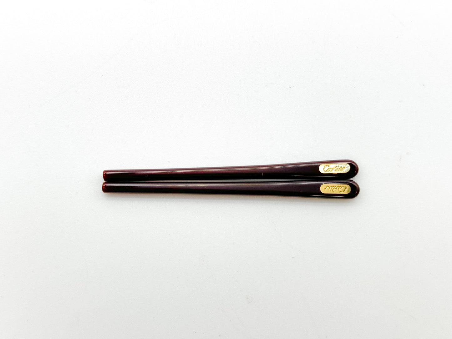 Cartier Eyeglass Temple Tips – Burgundy Acetate with Gold Logo (Pair)