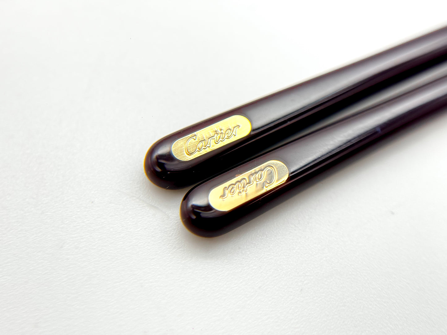 Cartier Eyeglass Temple Tips – Burgundy Acetate with Gold Logo (Pair)