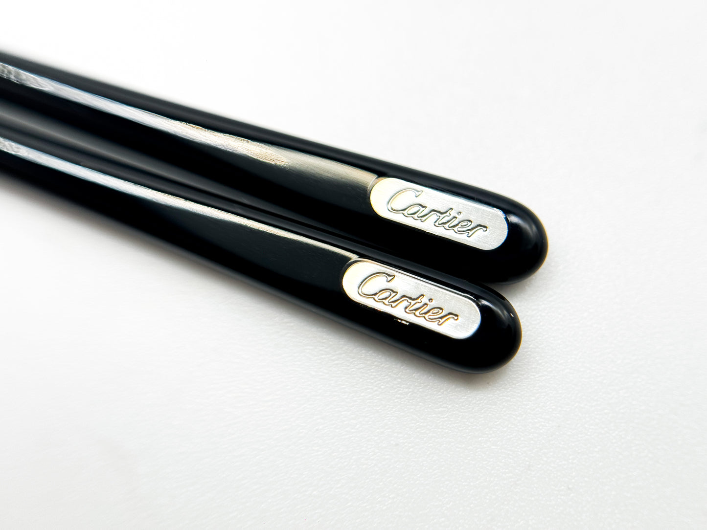 Cartier Eyeglass Temple Tips – Black Acetate with Silver Logo (Pair)